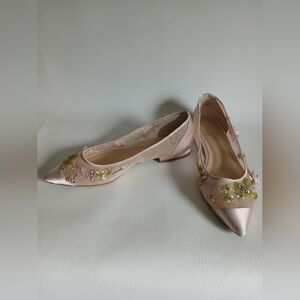 Betsy Johnson Nude Pink Mesh & Fabric Floral Embroidered Women's Flats Sz8.5M